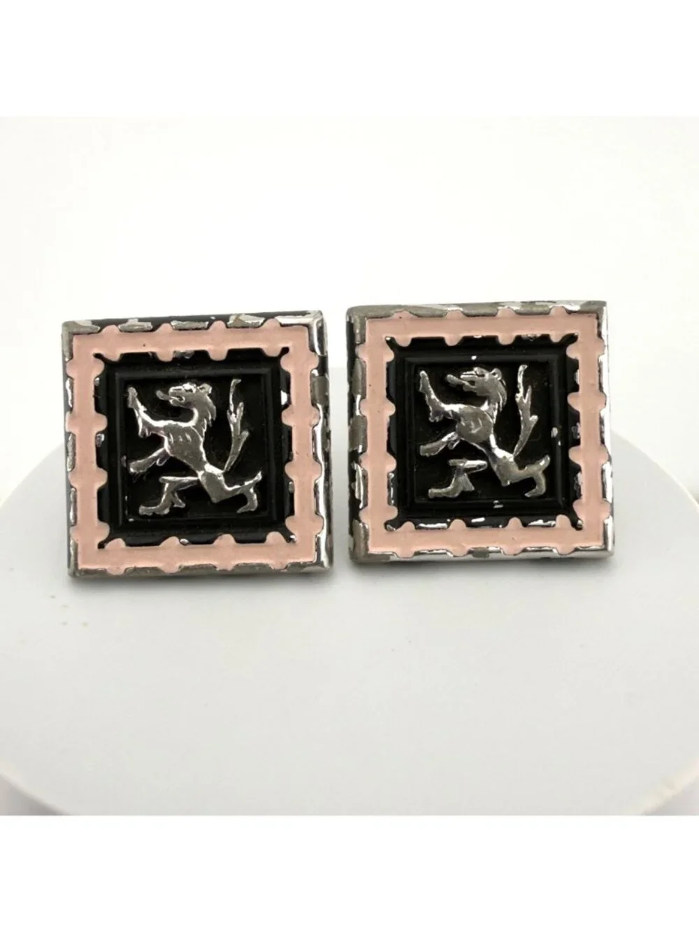 Vintage Silver Tone Lion Cufflinks Set of 2 Square Heraldic